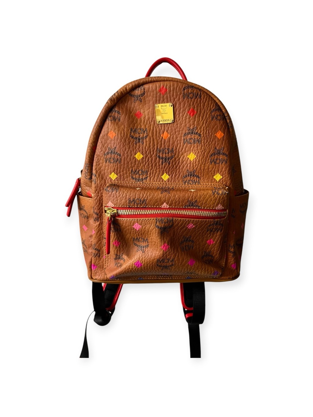 MCM Cognac Visetos Backpack with Multicolor Diamond Print and Red Accents